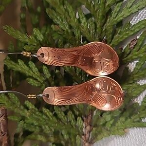 Copper Carved Hummingbird Spoon Earrings